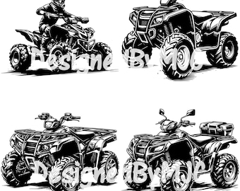 May include: Four black and white illustrations of all-terrain vehicles (ATVs) with different designs. The ATVs have four wheels, handlebars, and a seat. One ATV has a rider wearing a helmet and goggles.