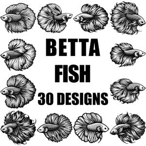 Pode incluir: Uma coleção de 30 ilustrações em preto e branco de peixes betta em várias poses. O texto "BETTA FISH 30 DESIGNS" é exibido no centro da imagem.