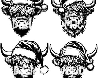 Highland Cow Santa Hat SVG PNG Files, Highland Cow Head Vector, Santa Hat Clipart, Christmas Highland Cow Vector