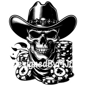 Skeleton Poker SVG Clipart e arquivos PNG, cartas de jogar Dead Mans Hand, arquivos cortados para Cricut e Silhouette, gravação a laser