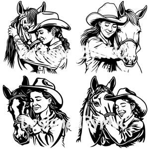 Cowgirl Hugging Her Horse Bundle SVG PNG, Cowgirl svg, Horse svg, Western svg, Retro Western Illustrations Vintage File