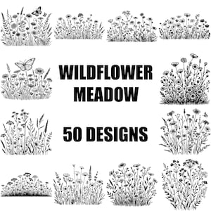 Bundle SVG prairie de fleurs sauvages, bordures florales, scènes de nature botanique pour travaux manuels et décoration, svg cadre floral