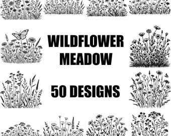 May include: Black and white illustrations of 50 different wildflower meadow designs. The text "Wildflower Meadow 50 Designs" is in the centre of the image.