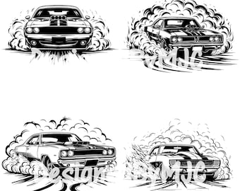May include: Black and white illustration of four muscle cars driving through clouds of smoke. The cars are all facing forward and have a classic American muscle car design.