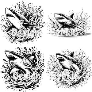 May include: Black and white illustration of a shark jumping out of the water, with water splashing around it.