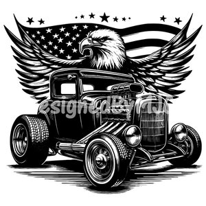 May include: Black and white illustration of a hot rod car with an American flag and eagle wings. The car has a large engine and a classic design.