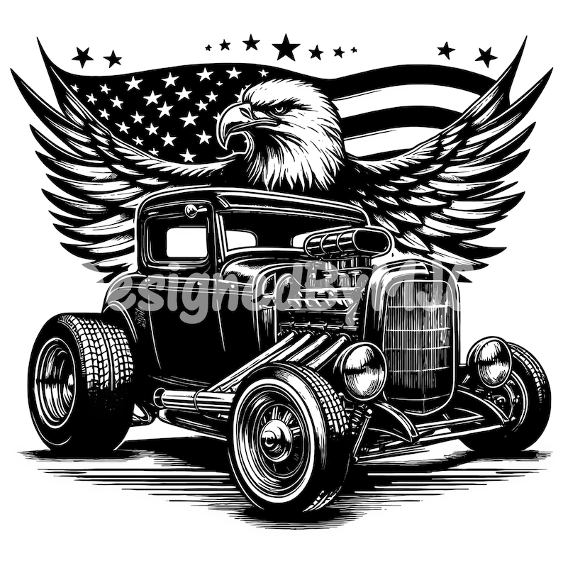 May include: Black and white illustration of a hot rod car with an American flag and eagle wings. The car has a large engine and a classic design.