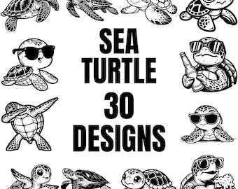Può includere: Illustrazioni in bianco e nero di tartarughe marine in varie pose, alcune con occhiali da sole o che tengono bevande. Il testo "SEA TURTLE 30 DESIGNS" è ben visibile.