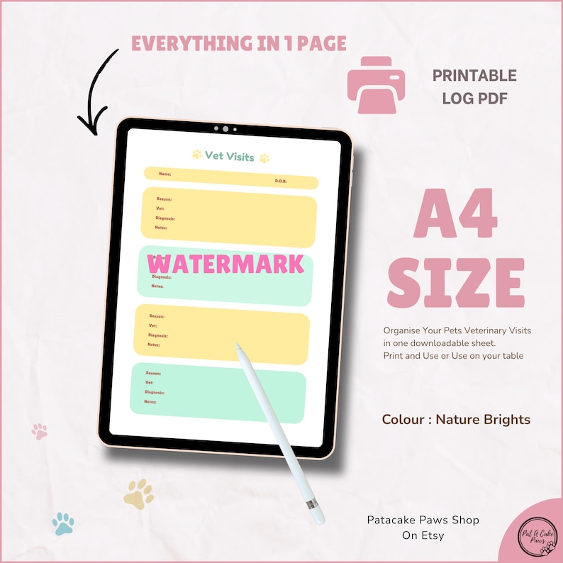 PET HEALTH Tracker Printable [vet Visit Log] Dog Cat Animal Medical ...