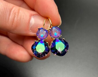 Purple Paradise 12/8 Cushion Cut drop earrings embellished with Swarovski® Crystals