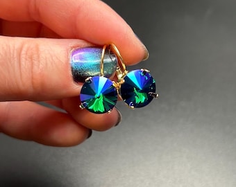 Emerald Glacier Blue 12mm Rivoli earrings embellished with Swarovski® Crystals