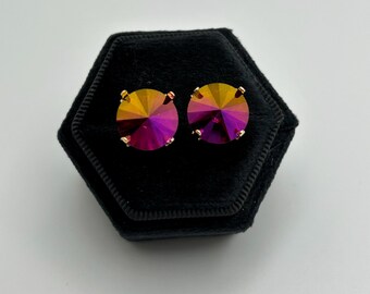 Fuchsia Celadon 12mm Rivoli earrings embellished with Swarovski® Crystals
