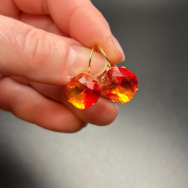 Fire Opal 12mm Cushion Cut Austrian crystal earrings