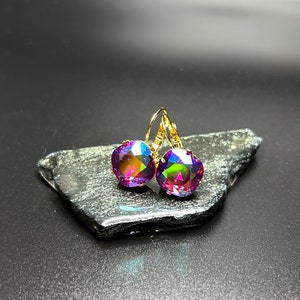 Fuchsia AB 12mm cushion cut Austrian crystal earrings