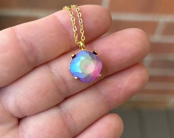 Fuchsia Pastel 12mm Cushion Cut necklace embellished with Swarovski® Crystals