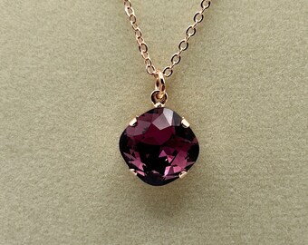 Amethyst 12mm Cushion Cut Austrian crystal necklace