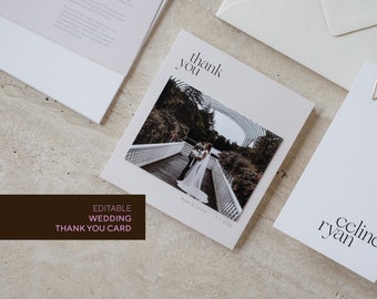 Moderne bruiloft bedankkaartsjabloon, minimalistische bedankkaart met foto, ansichtkaart bruiloft bedankkaart, bewerkbare bruiloft bedankkaart