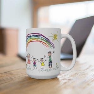 Kinderzeichnung benutzerdefinierte Tasse 15 Unzen, personalisierte Kaffeetasse, Kinderkunstwerk Geschenk, anpassbare Teetasse, einzigartige Kunsttasse für Kinder, Familienandenken