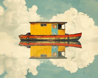 Reflexión caprichosa de una casa flotante: Arte sereno en un lago con colores de ensueño
