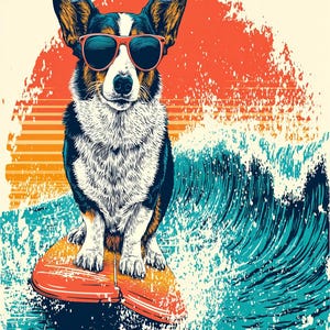 Puede incluir: Ilustración de un perro corgi con gafas de sol rojas, surfeando en una tabla de surf roja. El fondo presenta una puesta de sol con tonos naranja y amarillo, y una ola turquesa.