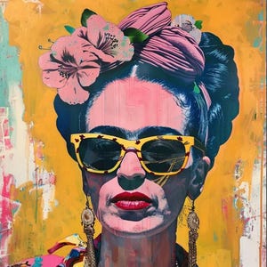 May include: A colourful portrait painting of a woman wearing a pink flower crown, yellow sunglasses, and large gold earrings. The background is a yellow and white abstract design.