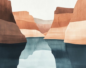 May include: Abstract watercolor painting of a canyon with a blue lake reflecting the orange and brown rock formations.