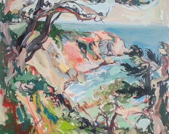 May include: A painting of a coastal scene with a large pine tree in the foreground, overlooking a blue ocean with rocky cliffs and green foliage. The painting is done in a loose, impressionistic style with vibrant colors.