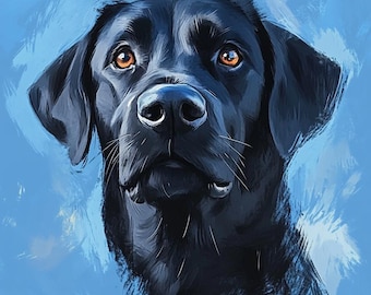 Portret van zwarte labrador | Gedurfde hondenkunstprint blauwe achtergrond