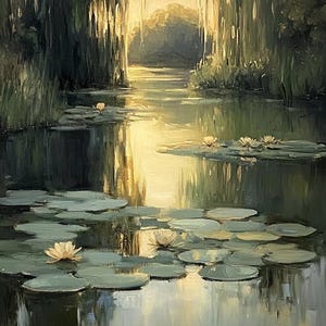 Golden Reflection: Oil Painting of a Tranquil Water Lily Pond