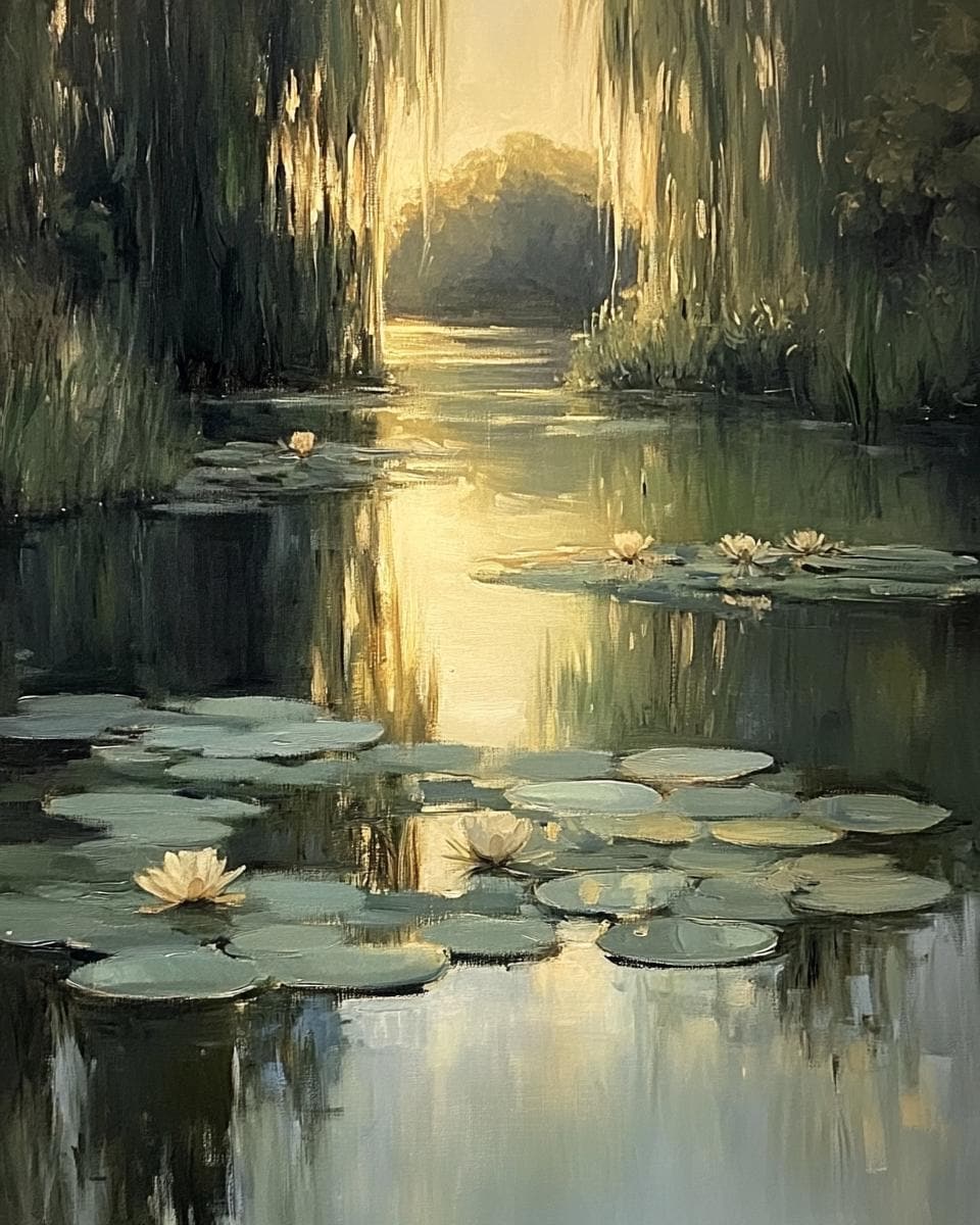 Golden Reflection: Ölgemälde eines ruhigen Seerosenteichs