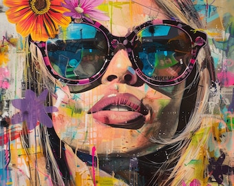 Lebendiges Brigitte Bardot Porträt: Mutige Farben und Sonnenbrillen Kunst