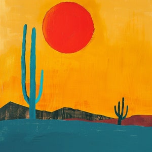 May include: Abstract painting of a desert landscape with a large red sun in a yellow sky. Teal cacti and a teal foreground contrast with the red and black mountains in the background. The artwork has a textured, painted appearance.