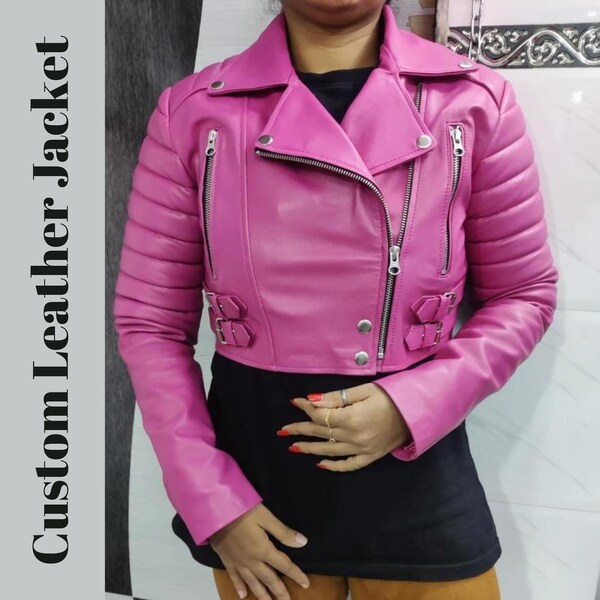 Womens Hot Pink Leather Jacket,     Slim Fit Quilted Biker Jacket With Belted,    Sheep Jacket Sleeves,    Ladies Slim Fit Motorcycle Jacket