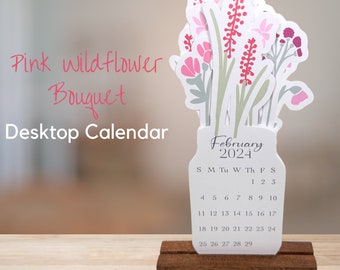2026 Mini Tischkalender - Rosa Wildblumen | 2026 Monatskalender mit Holzständer | Mini Desktop Blumen Monatskalender
