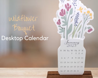 2026 Mini Tischkalender - Wildblumen im Einmachglas mit Holzständer | Mini-Tischtischkalender | Blumen Thema 2026 Monatskalender