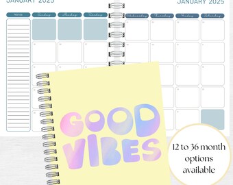 Good Vibes 2025 Monthly Planner with Sunday Start Calendar | 2025 12 month Planner  | Monthly Goal Planner 2 page Calendars