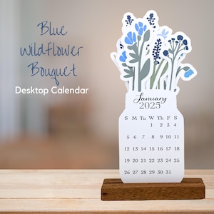 Desk Calendar 2025 with Stand - Blue Wildflowers in a Mason Jar with Wood Stand | Mini Desktop Calendar | Flower Theme 2025 Monthly Calendar