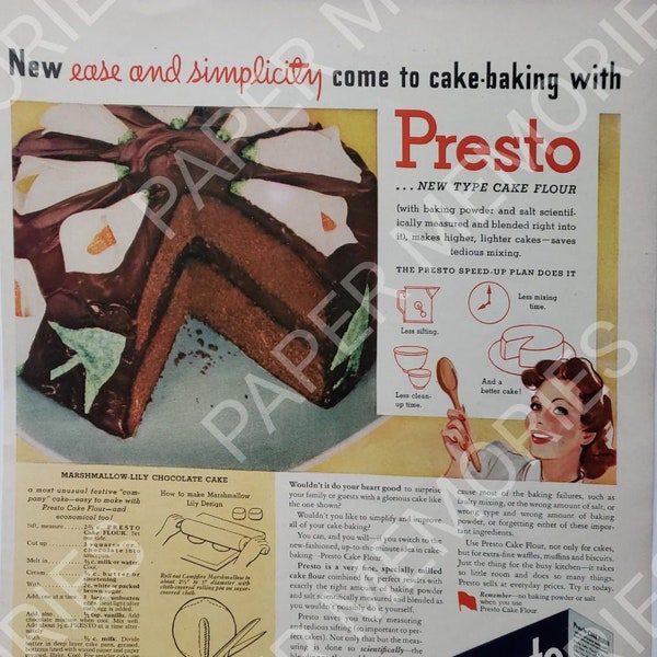 Presto Wonderful Cake Flour to Make it Easy Vintage Advert from the 1940s To Add Unique Home Decor To the walls of your KitCHen or Office 40