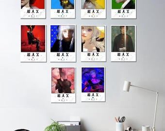 May include: A set of twelve digital download art prints, each 4 x 6 inches, featuring surreal portraits with Japanese text. The prints are displayed on a white wall. The text "Digital Download" and "~Doryokuun" are visible.