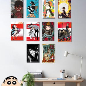May include: A digital download of eight different Fire Force manga covers. The covers feature various characters from the series, including Shinra Kusakabe, Arthur Boyle, and Tamaki Kotatsu. The covers are all in a vibrant color palette and feature a variety of different designs.
