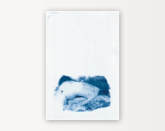 Naked woman on the rocks, Abstract Cyanotype Print, Unframed A4 A5, Limited edition art prints