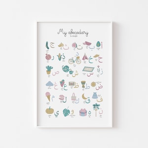 Peut inclure: Une affiche éducative colorée présentant l'alphabet arabe avec des illustrations de différents objets pour chaque lettre. L'affiche est intitulée "My abecedary" et comprend les lettres arabes de Alif à Ya.