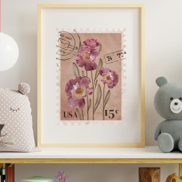 Digital Art Print, Children's Room Decor, Nursey Decor, Minimal Room Decor, Vintage Stamp Art, Floral Room Decor, Floral Digital Art