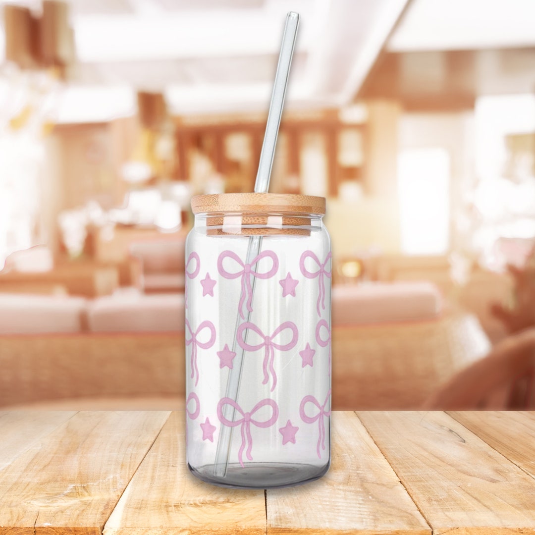 Pink Bows Glass Cup, Trendy Coquette Cup, Iced Coffee Glass, 16 Oz ...
