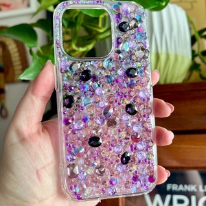 cute purple rhinestone iphone 15 pro case handmade resin rhinestones, crystals and charms pretty phone case