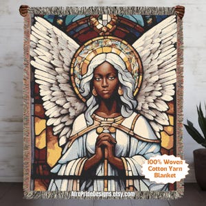 Christian gift, African American art, Unique blanket, Angel design, Home decor, Gift for her, Gift for him, Housewarming gift, Black art decor, Spiritual gift, Black Owned Shops, Woven throw blanket, Boho wall art