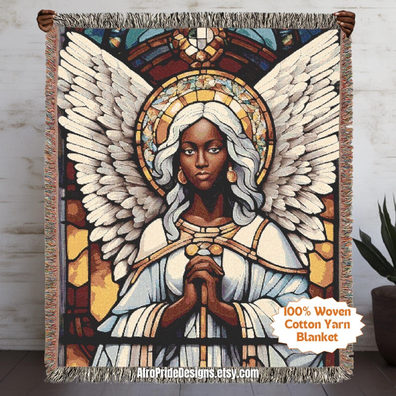Christian gift, African American art, Unique blanket, Angel design, Home decor, Gift for her, Gift for him, Housewarming gift, Black art decor, Spiritual gift, Black Owned Shops, Woven throw blanket, Boho wall art