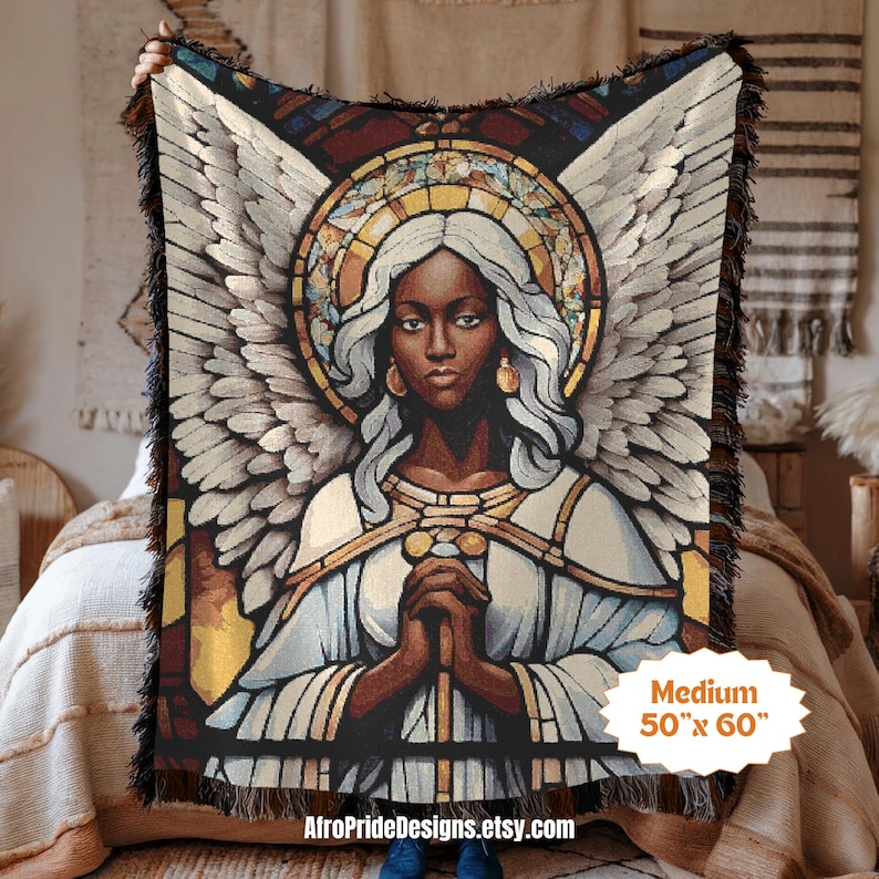 Christian gift, African American art, Unique blanket, Angel design, Home decor, Gift for her, Gift for him, Housewarming gift, Black art decor, Spiritual gift, Black Owned Shops, Woven throw blanket, Boho wall art