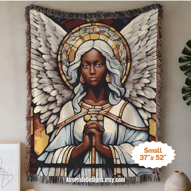 Christian gift, African American art, Unique blanket, Angel design, Home decor, Gift for her, Gift for him, Housewarming gift, Black art decor, Spiritual gift, Black Owned Shops, Woven throw blanket, Boho wall art