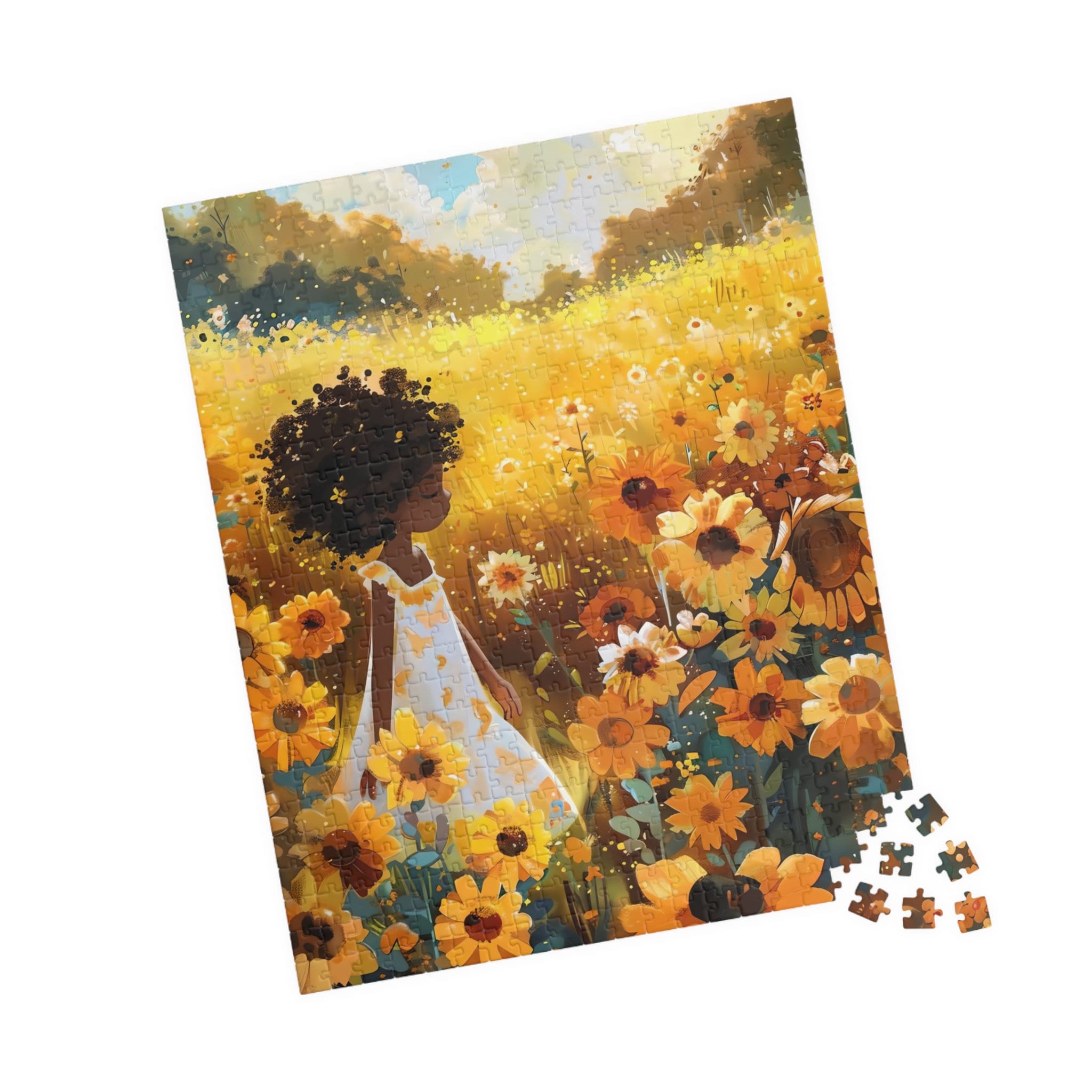 African American Girl Jigsaw Puzzle - Sunflower Garden, 100/250/500/1000 Pieces, Unique Gift, Vintage Art Deco Home Decor, Black Owned Shops